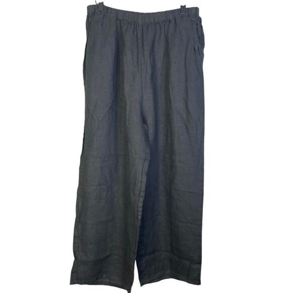 Flax Women’s Black Linen Full Elastic Wide Leg Pants Lagenlook Large - Picture 1 of 3